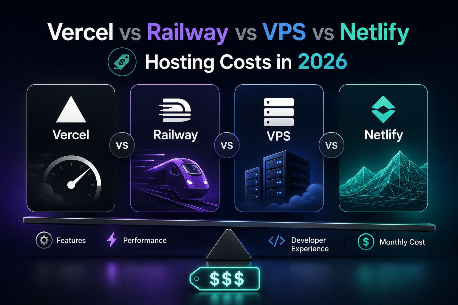 Side-by-side comparison of Vercel, Railway, Netlify, and VPS logos on a dark background with dollar signs