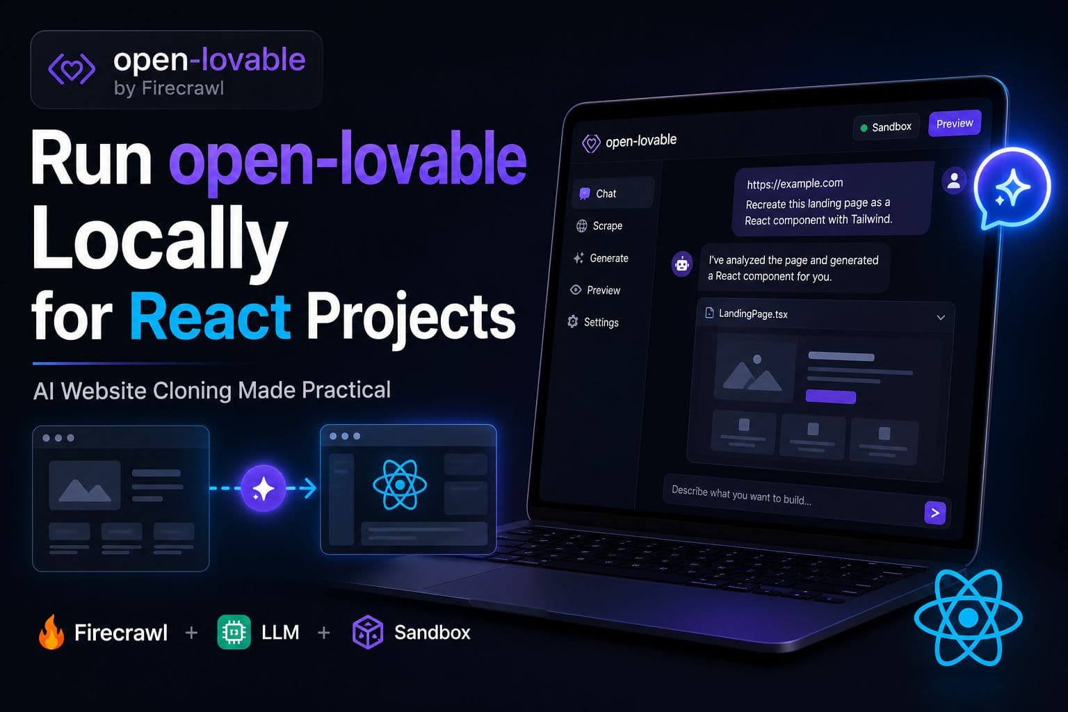 Terminal showing open-lovable running locally with a chat interface generating React component code