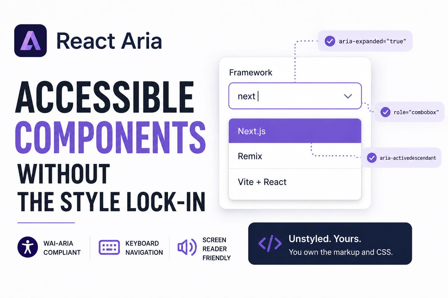 Code editor showing a React Aria useComboBox hook integration with accessibility annotations