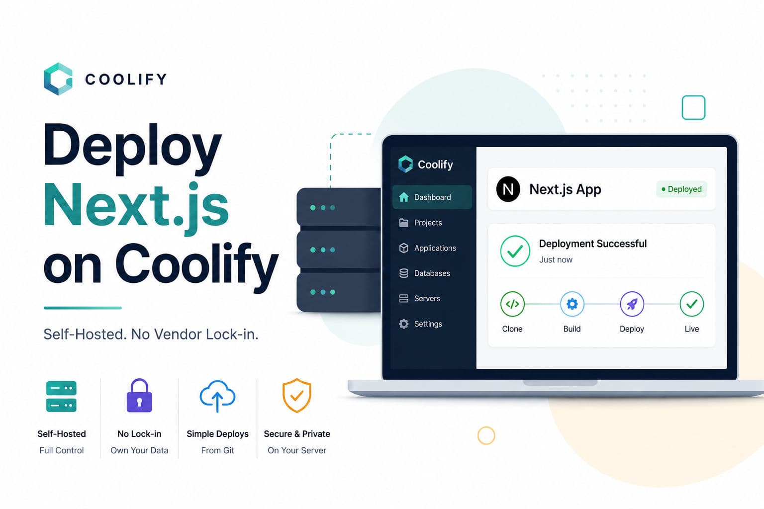 Terminal showing Coolify dashboard deploying a Next.js application on a self-hosted VPS