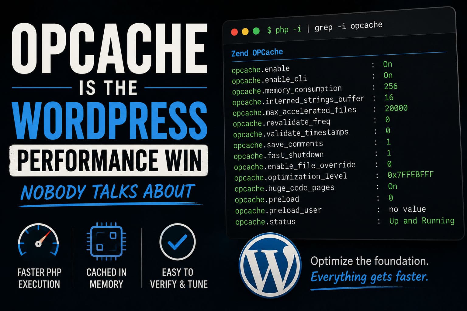 Terminal output showing OPcache enabled on a WordPress server with PHP configuration details