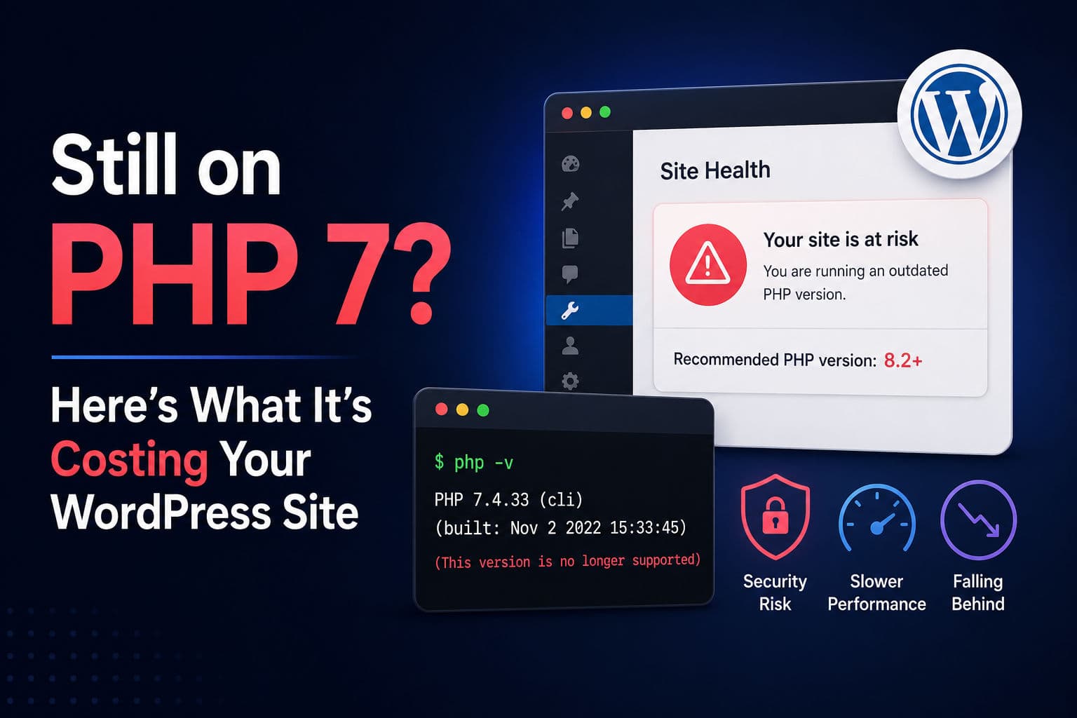 Terminal showing PHP version output next to a WordPress dashboard with a security warning