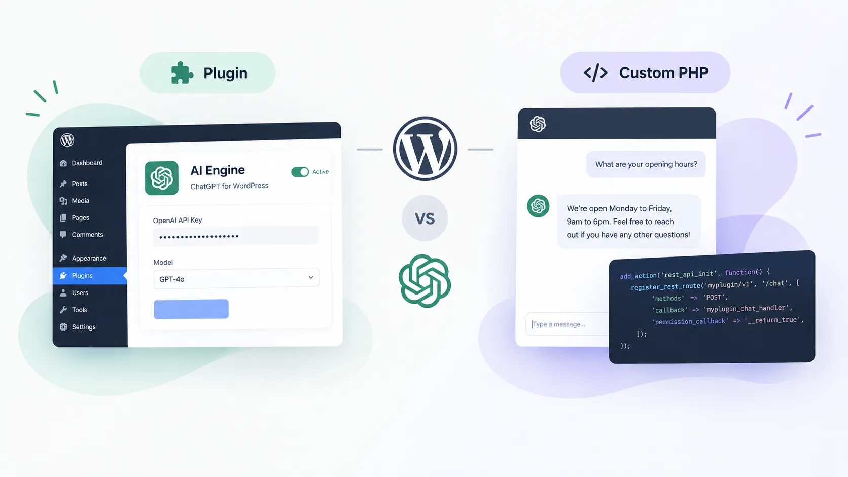 WordPress dashboard open next to a ChatGPT conversation window showing an AI chatbot integration