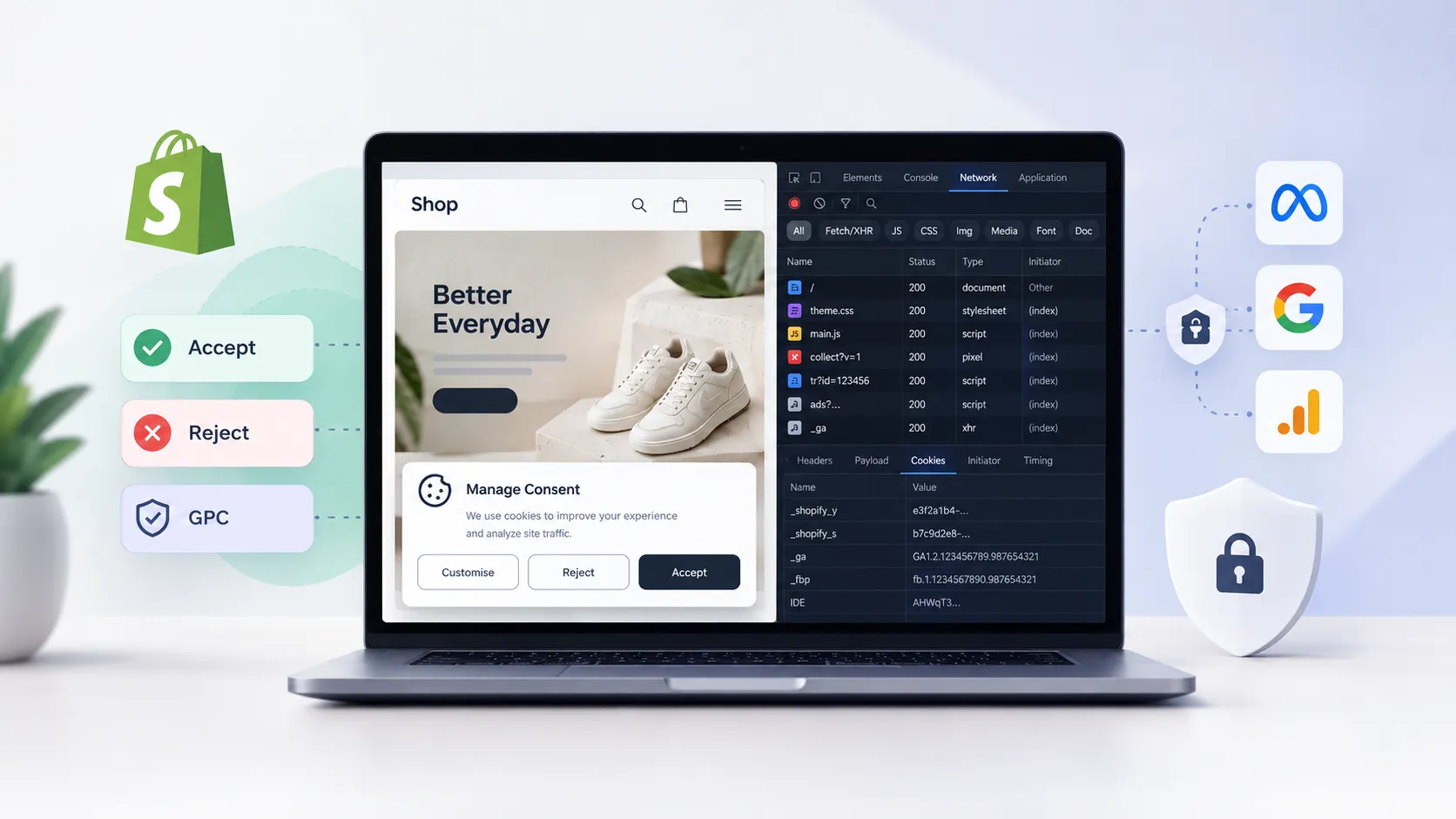 Browser DevTools open on a Shopify storefront showing network requests and cookie inspection panels