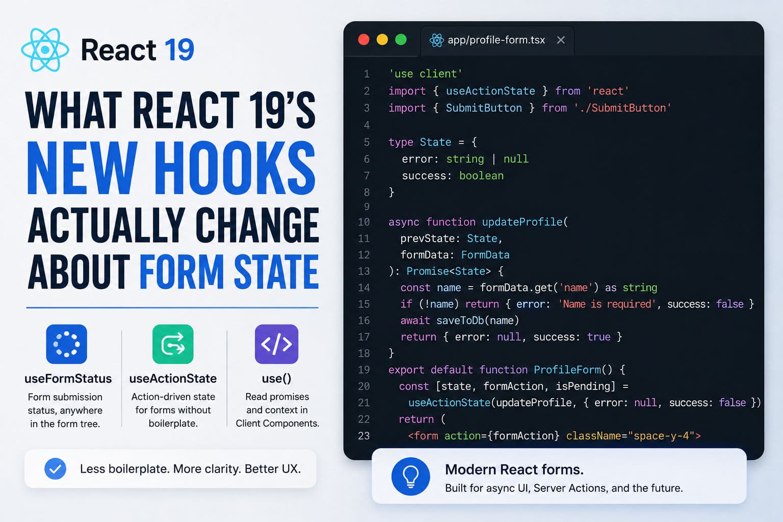 Code editor showing React 19 useActionState hook inside a Next.js App Router form component