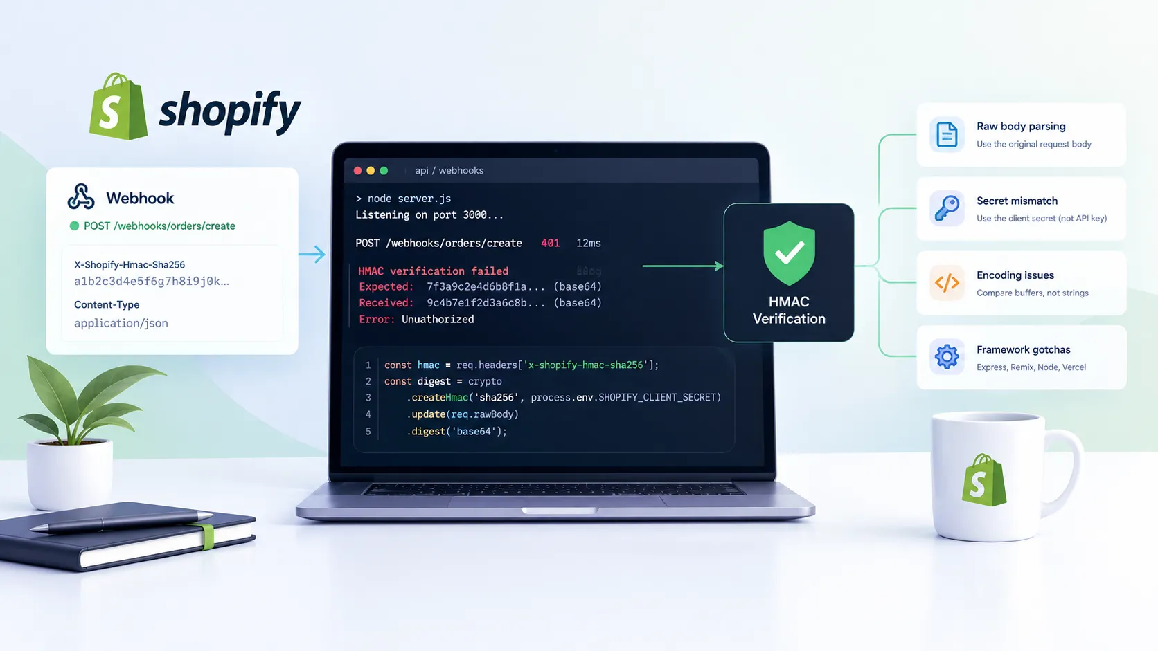Terminal showing a 401 Unauthorized response from a Shopify webhook handler with HMAC mismatch error