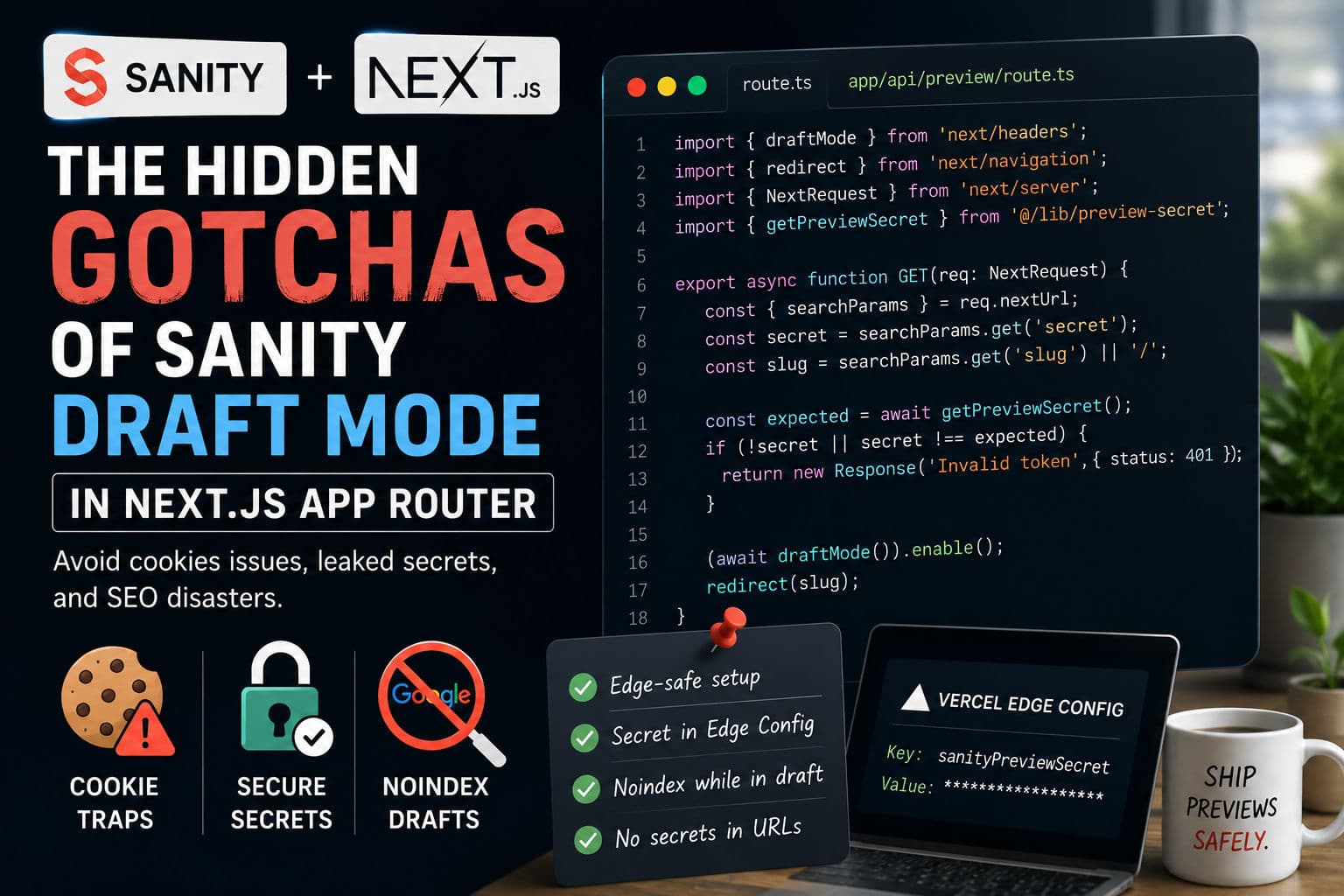 Terminal showing a Next.js App Router route handler for Sanity draft mode preview with Vercel Edge Config