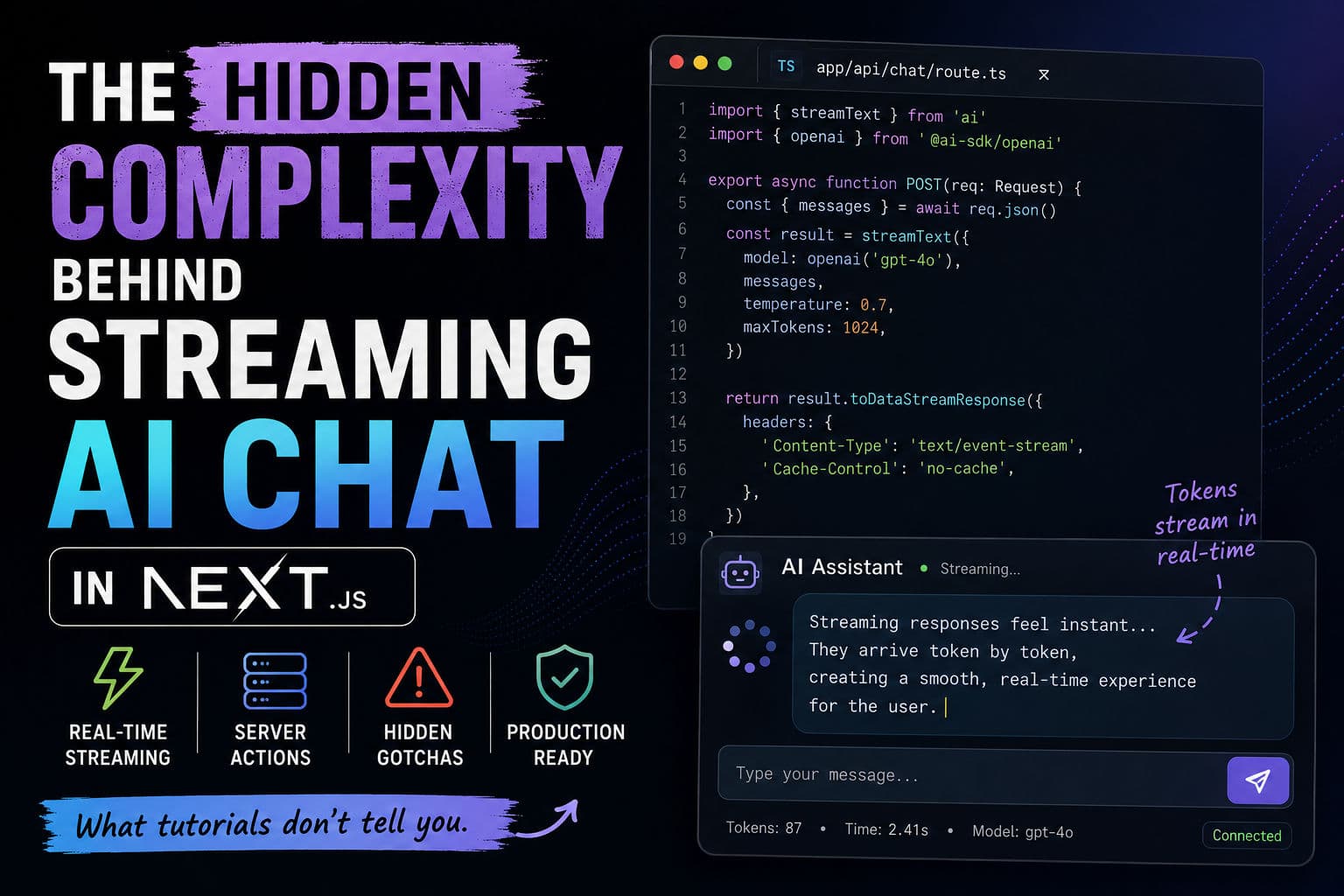 Terminal showing a streaming AI chat response being rendered token by token in a Next.js app