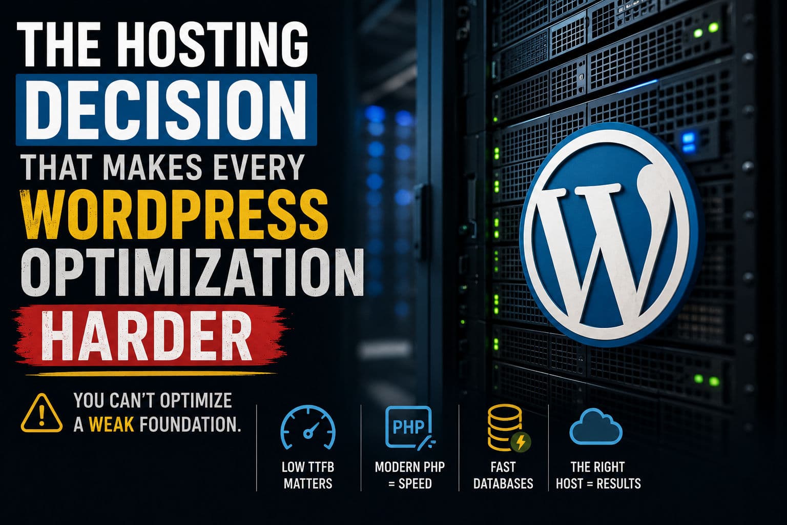 Server rack with WordPress logo overlay representing hosting infrastructure for WordPress performance
