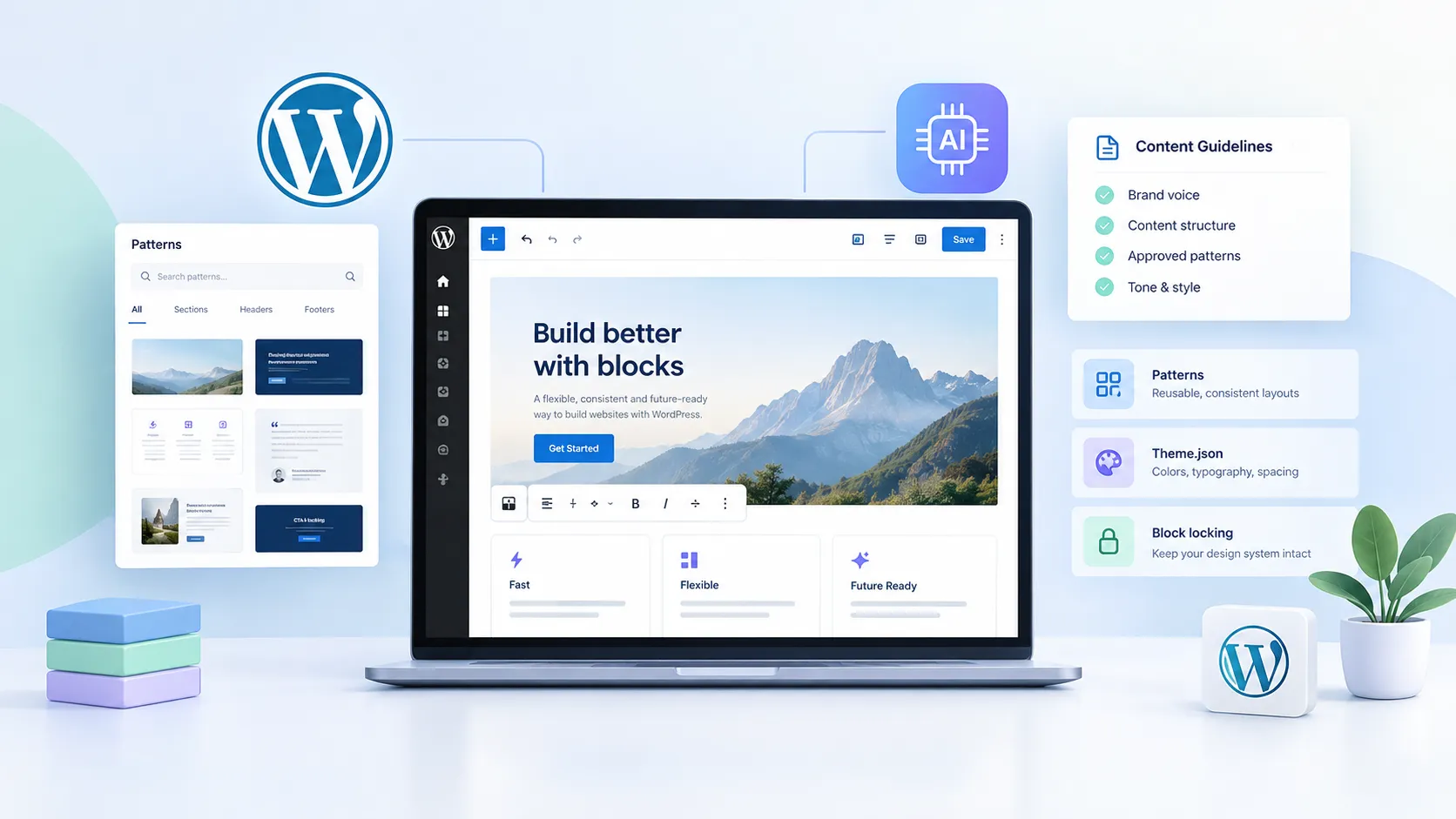 WordPress block editor open in a browser with a pattern library visible in the sidebar