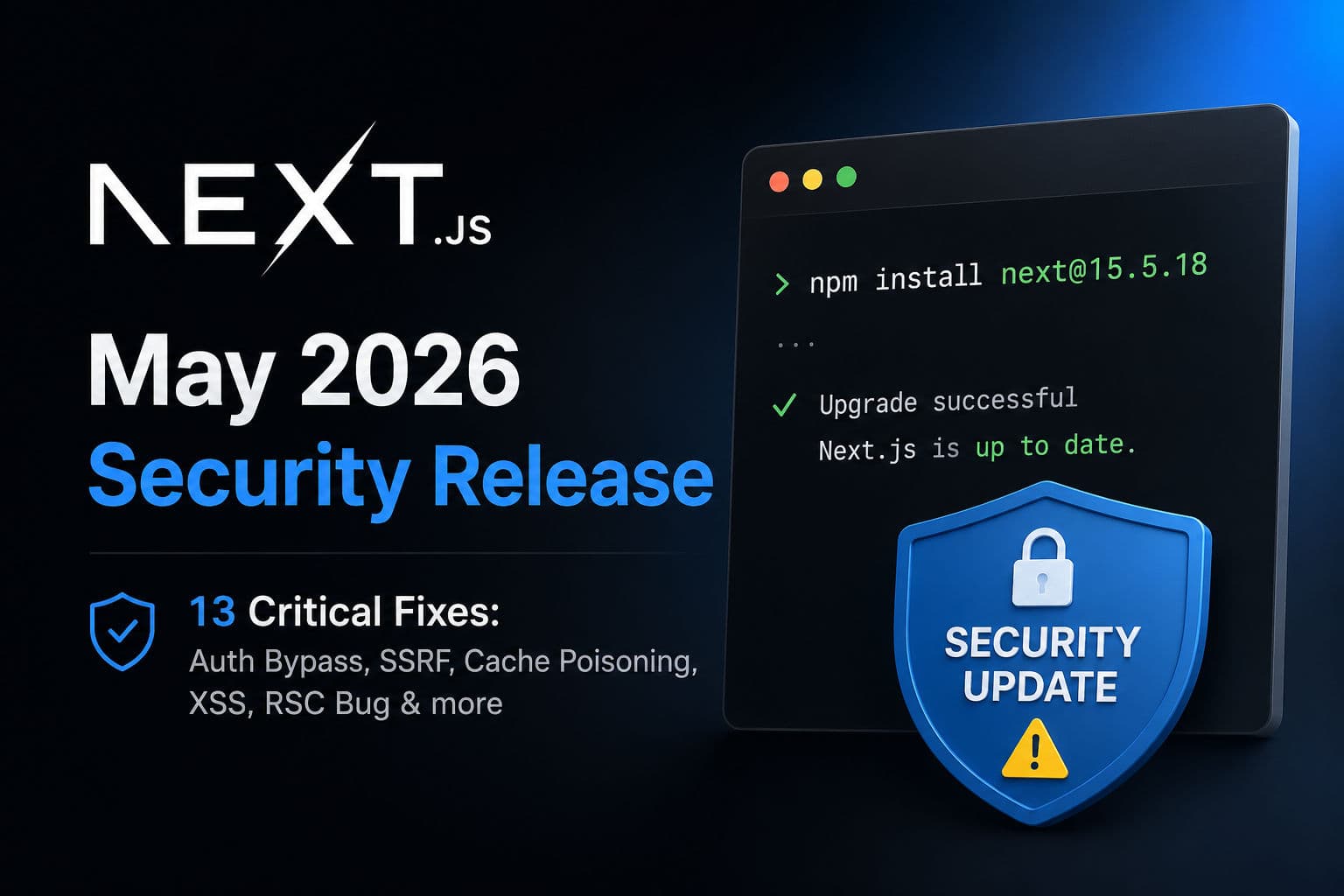 Terminal window showing Next.js upgrade command with security warning badge overlay