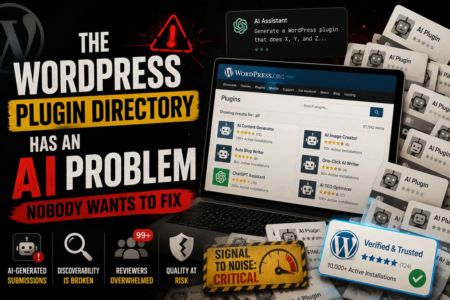 WordPress plugin directory search results page on a laptop screen with an AI chatbot interface in the background